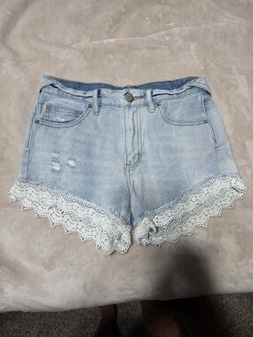 Free People Light Blue Denim Shorts with White Lace Trim